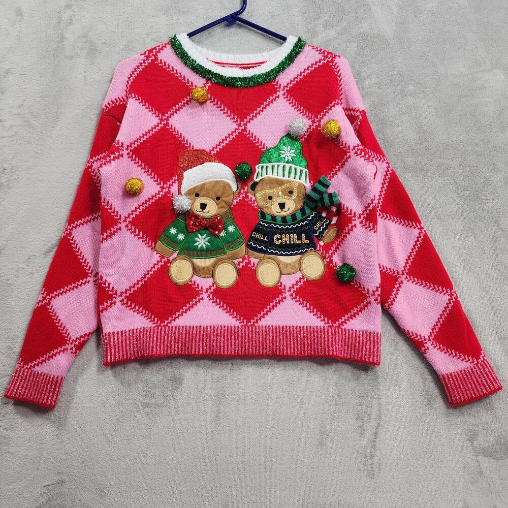 Holiday Time Sweater Womens S Red Pink Argyle Bear Christmas Tinsel Pompom Party